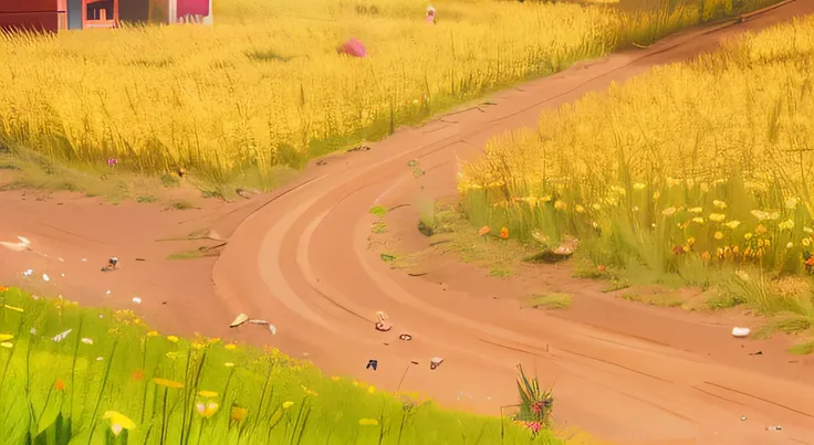 Pixar, 3d animation, 3d render, a farm in the countryside, afternoon daylight with long shadow, A field of yellow wheat, There is green grass growing in the bed of the wheat field and beneath of wheats, (cartoonish dirt road cuts through the field:1.3), a ...