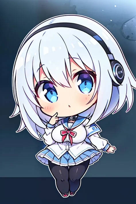 "anime girl, 1 person, silver white hair mixed with black, blue eyes, wearing headphones, female shirt, female school uniform, big breasts, tight pants, chibi,full body, looking in front, (HD image  Full 4K+)"