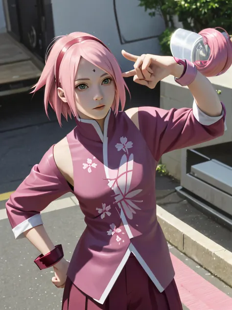 (Masterpiece), (Best Quality), Realistic, Sakura, Cosplay Haruno Sakura, cool pose, pink haircuts, a 16yo girl