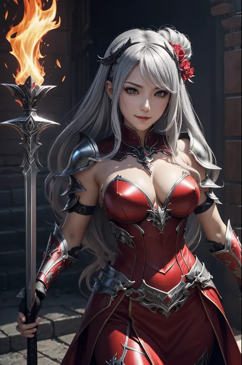 8K、Chest armor with a red flame motif,A bewitching succubus wearing a gorgeous red chest armor.、A long skirt with a luxurious red flame motif,An Arafed woman poses for a photo with a sword and armor、Beautiful wavy silver hair、large full breasts、Chest armor...