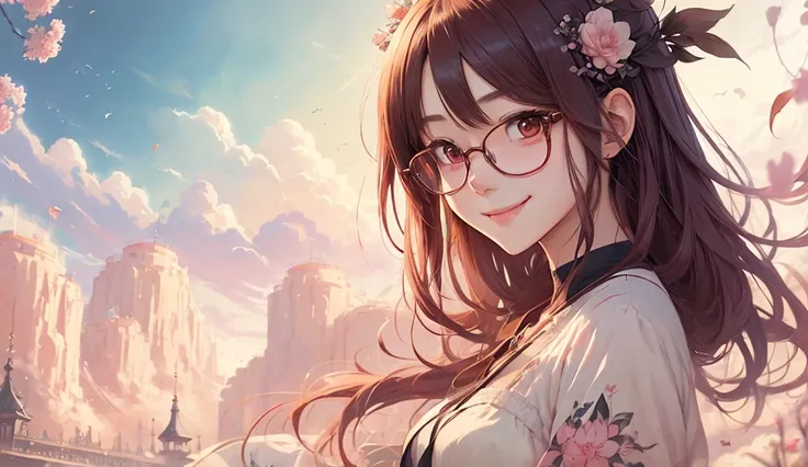 high-level image quality、Masterpiece、fine portrayal、Girl with glasses、illustratio、fantasy art style、anime styled、Friendly atmosphere、Soft atmosphere、pink there、a smile