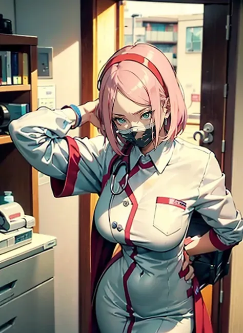 (SFW)1 MATURE WOMAN (adult), sexy body, Perfect Body, very tight clothes (hospital coat), Shows a lot of skin, sexy clothes,, Breasts Showing, standing in the doctors office, Close-up, arms behind back, Sakura Haruno adult doctor, Red hairband, ((white shi...