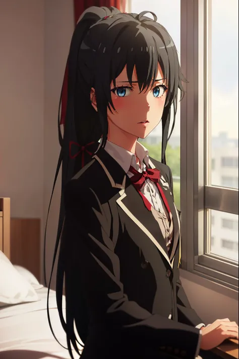 Yukinoshita Yukino, 1girl, Tuxedo, anime, Colored, 8k, Ponytail hair, detailed blue eyes, Hotel room wallpaper