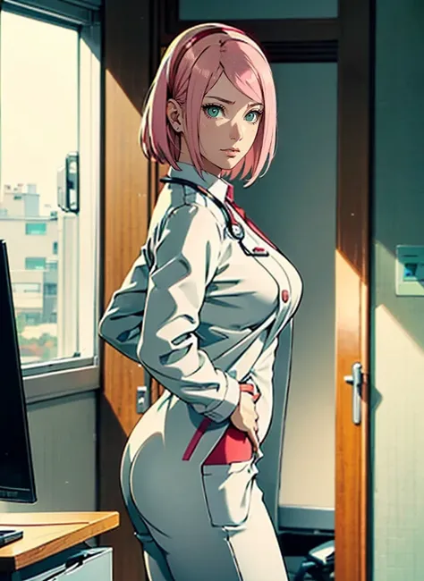 (SFW)1 MATURE WOMAN (adult 37 years old), sexy body, Perfect Body, very tight clothes (hospital coat), Shows a lot of skin, sexy clothes,, Breasts Showing, standing in the doctors office, Close-up, arms behind back , Sakura Haruno serious adult doctor,medi...