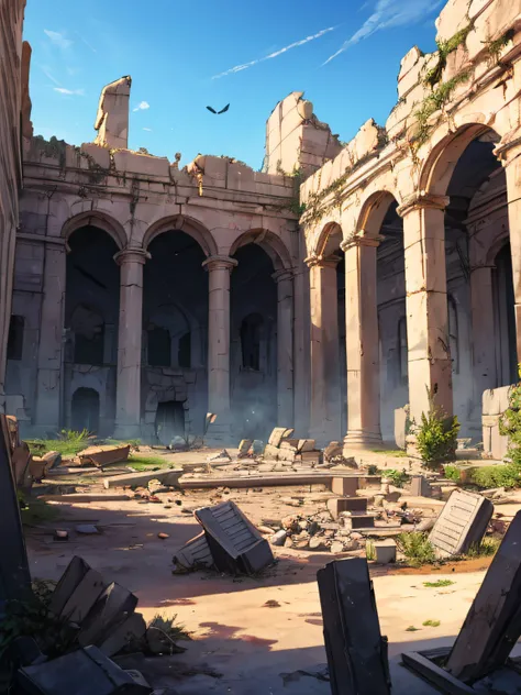 hellish ruins scenery background, destroyed structures, um trono de ossos no centro da imagem