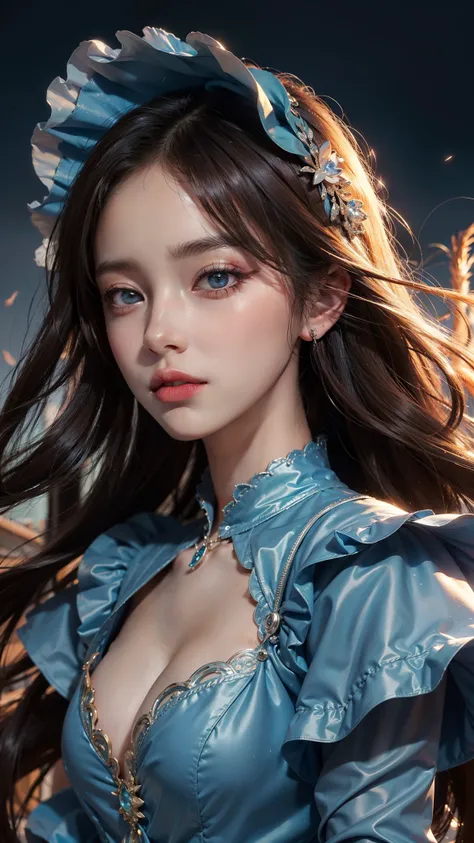 4k ultra hd, masterpiece, a girl, good face, detailed eyes, very lng hair, detailed lips, very detailed dress, blue dress, dim lighting, blowing wind