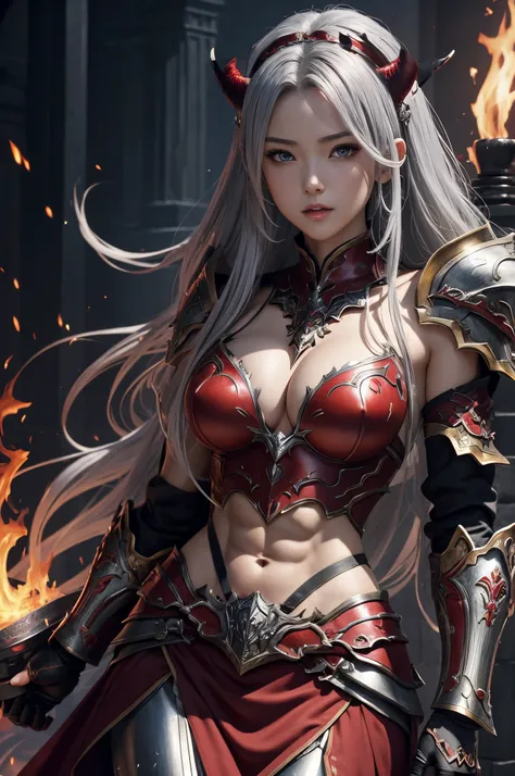 8K,flame-shaped horn,silber hair,Precise flame shape,red colored,超A high resolution,A hyper-realistic,