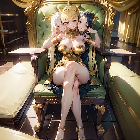 (masterpiece, best quality), best resolution, (3heads:1.5), 1girl, blond hair, gold eyes, dynamic angle, leotard, dress,  smug, sitting on a throne, legs crossed, golden armor