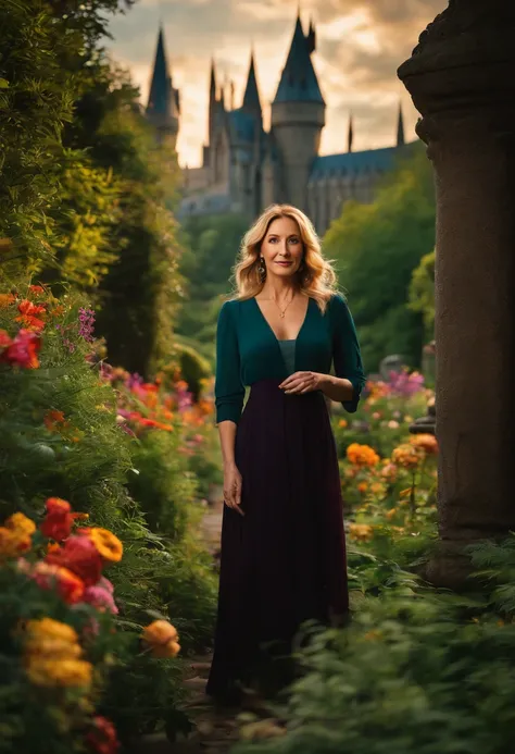 A photo of me wandering through the lush gardens of Hogwarts School of Witchcraft and Wizardry, surrounded by vibrant flowers and ancient trees.,original,Portrayed by JK Rowling herself, female