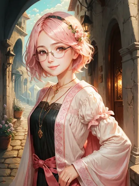 high-level image quality、Masterpiece、fine portrayal、Official Art、Girl with glasses、A pink-haired、short-hair、illustratio、sorcerer、Europe、fantasy art style、Friendly atmosphere、Soft atmosphere、pink there、a smile