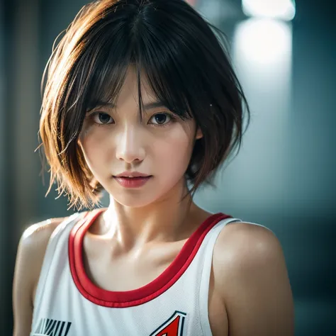 Manga Haruko Akagi，Sweat profusely，(Wear the white and red NBA Bulls basketball jersey)，（8K，best qualtiy，tmasterpiece：1.2），（realisticlying，realisticlying：1.37），ultra - detailed，Loose basketball uniform，brunette color hair，Short messy hair，(dark shot:1.1), ...