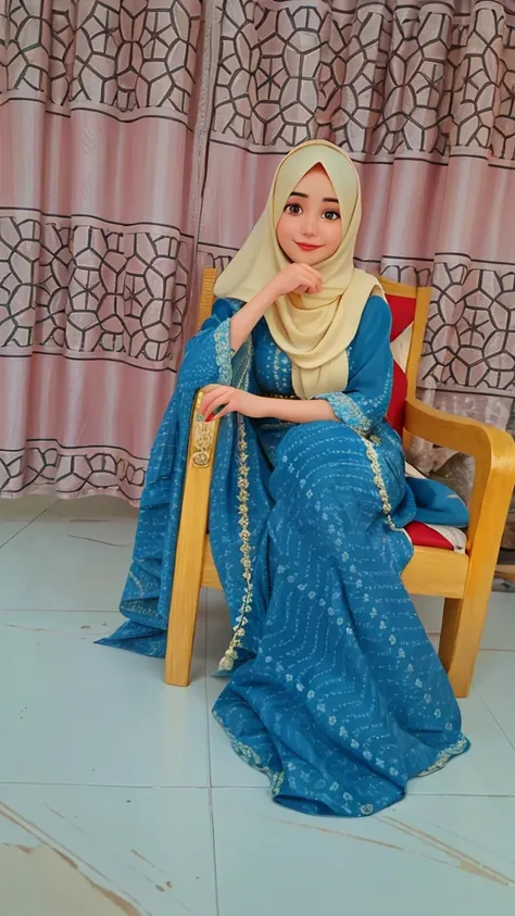 there is a woman sitting on a chair in a blue dress, blue colored traditional wear, with lovely look, inspired by Riza Abbasi, wearing beautiful clothes, inspired by Naza, traditional clothes, inspired by Sarper Baran, traditional dress, very very low qual...