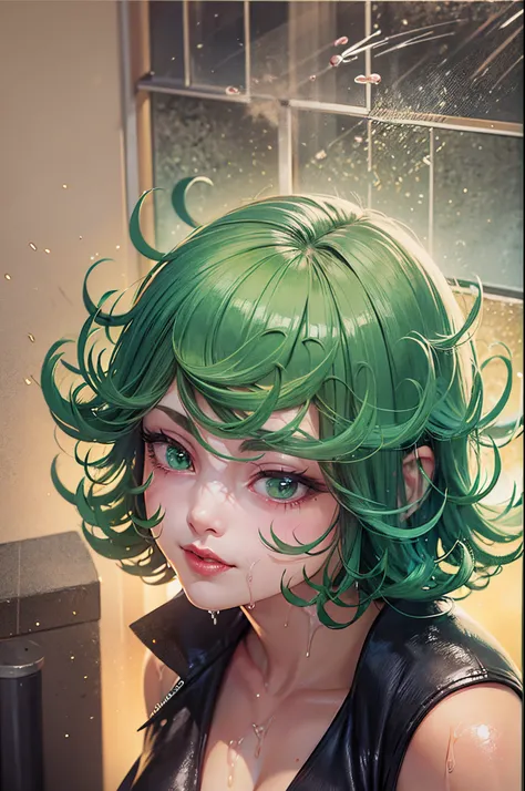 (beste-Qualit, 8K, 12), 1 girl, tatsumaki, Short Hair Hair, green hair, giant breast, the perfect body, ultra detail face, detailed lips, Slender Eyes, black dress, standingn, enticing, Excited, convex areolas, in heat, Milf, steam, Sex, trembling, , Looki...