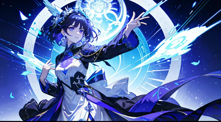 one-girl，a gorgeous， out of this world，tall， ellegance，Full body lesbian，（cabelos preto e longos），purpleeyes, Princess outfit，Gold and silver decoration，armour，White and blue long dress，Surrounded by light，streamer，magia，extremly high detail，8K