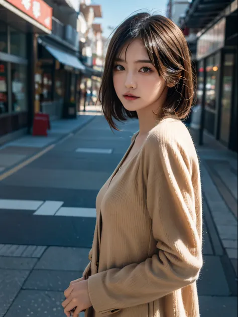 Stroll through the shopping street、Portrait of a woman in a coat, top-quality、hyper HD、奈良美智, Japanese Models, Beautiful Japan Girl, With short hair, 27-year-old female model, 4 k ], 4K], 27yo, sakimichan, sakimichan