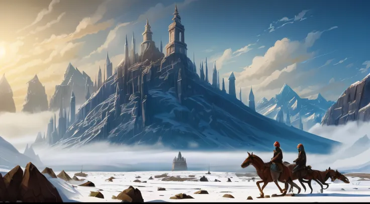 there are people riding horses in the snow near a mountain, Panoramic ancient destroyed giant frozen icy futuristic tower wreckage in the middle of a wide plain, Glacier mountain background, daylight and sun rays, snowy and rocky and foggy lakes, Pilgrims ...