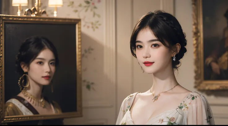 117
(a 20 yo woman,is standing), (A hyper-realistic), (high-level image quality), ((beautiful hairstyle 46)), ((short-hair)), (Gentle smile), (breasted:1.1), (lipsticks), (florals), (Light and Darkness), (rembrandt painting), (Luxurious room)