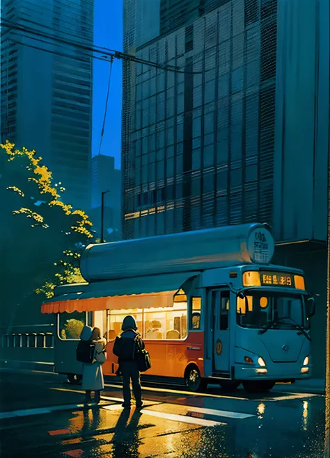 There were two people standing outside the bus at night, Commercial illustration, conceptual drawing, Lo-Fi illustration style, author：Yukika Kamisaka, Blurry and dreamy illustration, published art, Made with illustrator, author：Naka Bokunin, 2D illustrati...