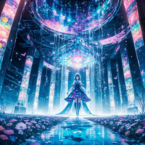 top-quality、masutepiece、1womanl、独奏、(abstract  art:1.4),(Psychedelia Theme:1.6),(Blue World)、There is a beautiful woman at the center of the world,A ray of light spreads,Snow and ice crystals spreading from the center,Diamond Dust,prisma(Nostalgic atmospher...