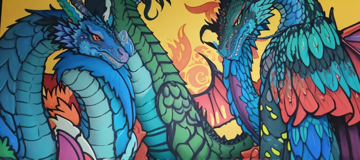 colored drawing of a group of dragons, Detalhe de tinta superfina, incredible details;, hyper detail illustration, colorido hiperdetalhado, cores detalhadas, arte de linha colorida, fechar detalhes, arte detalhada em cores, foto colorida de close up, arte ...