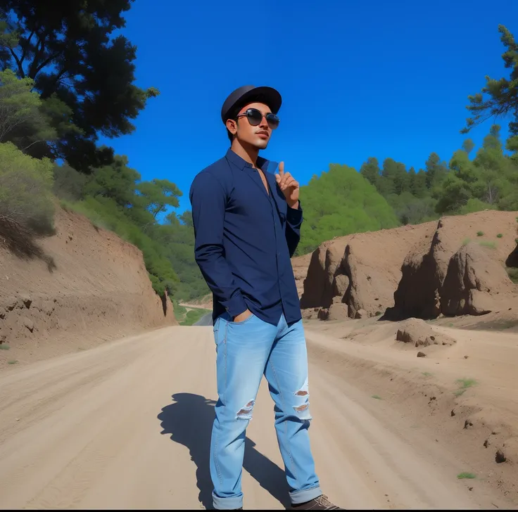 araffe man standing on a dirt road with a hat and sunglasses, with a cool pose, ayan nag, jayison devadas style, stylish pose, in sunny weather, mohamed chahin style, cool pose, profile pic, handsome man, ramil sunga, in a scenic background, scenary, full ...