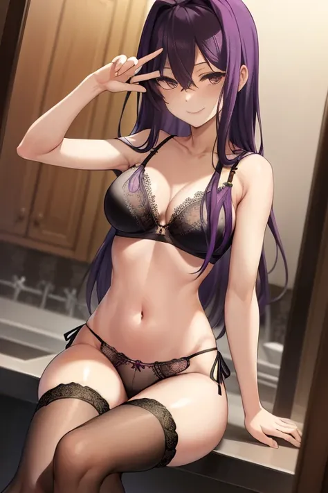 2d, masterpiece, ((sitting on floor)),((crossed legs)) bathroom, best quality, full body, full pose, anime, highly detailed, cowboy shot, 1girl, solo, yuri, purple hair, purple eyes, long hair, hair between eyes, hairclip, medium breasts, ((black lace bra:...