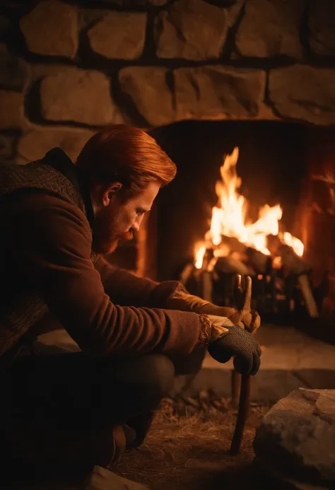 A close-up of FireplaceFrank wearing flame-patterned gloves and delicately arranging kindling in a stone fireplace.,original,FireplaceFrank has red hair and a handlebar moustache, male