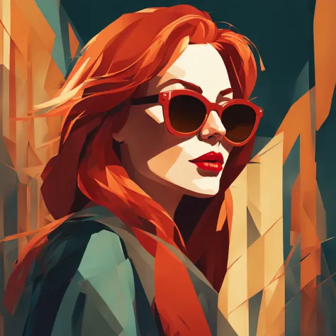 a beautiful red-haired woman with red lipstick and sunglasses, com expressionista, estilo medieval, illustration style done by l...