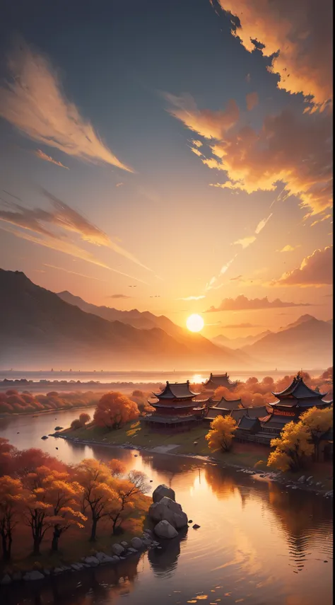 China ink painting，ink，The sunset and the cloud ，The autumn water is the same for a long time，The beauty of ancient poetry，the setting sun，Wild geese in the sky in the distance，Ancient buildings are scattered