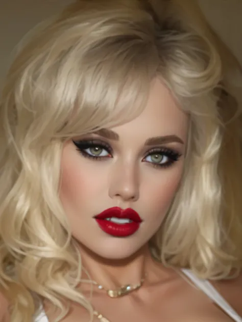 blond woman with red lips and a white dress posing for a picture, sexy face with full makeup, wide golden eyes and red lips, sexy red lips, blonde hair and large eyes, detailed face with red lips, 4 k glamour photography, thick red lips, inspired by Károly...