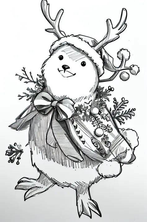 Feature cute Christmas-themed animals like reindeer, polar bears, penguins, and owls wearing Santa hats or engaging in festive activities, flower line drawing background, white background, monochrome, line drawing, ((sketch))