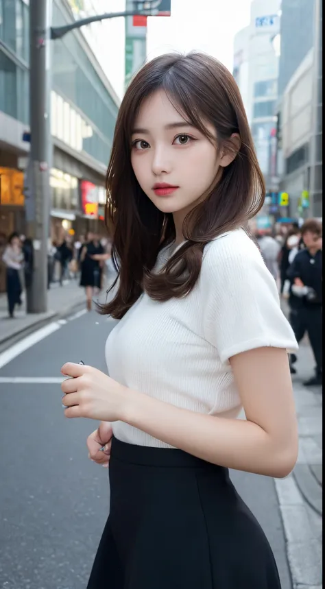 finely detail, hight resolution, hightquality、Perfect dynamic composition, A tight-skirt police officer with beautiful detailed eyes, small tits、Natural Color Lip,Kamimei、Shibuya、a 18 year old girl、1 persons、Transparent skin、Glowing hair、masutepiece, Best ...