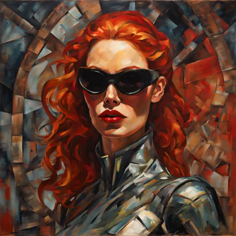 a beautiful red-haired woman with red lipstick and sunglasses, in cyber clothes, com expressionista, estilo medieval, estilo de pintura feito por Jose Clemente Orozco, no meio da jornada, 8k.