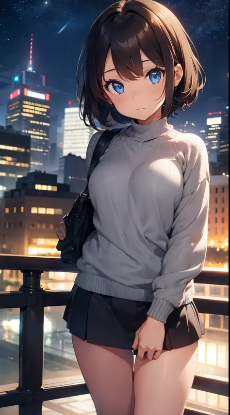 Girl, short half hair, brown hair, blue eyes, grey sweater, mini skirt, night city