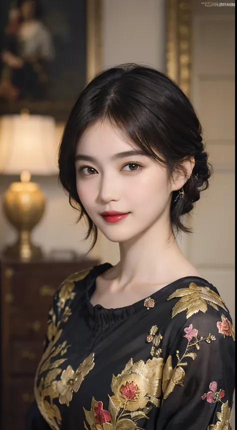 117
(a 20 yo woman,is standing), (A hyper-realistic), (high-level image quality), ((beautiful hairstyle 46)), ((short-hair)), (Gentle smile), (breasted:1.1), (lipsticks), (florals), (Light and Darkness), (rembrandt painting), (Luxurious room)