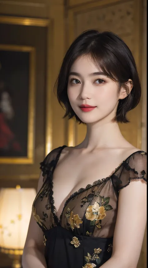 117
(a 20 yo woman,is standing), (A hyper-realistic), (high-level image quality), ((beautiful hairstyle 46)), ((short-hair)), (Gentle smile), (breasted:1.1), (lipsticks), (florals), (Light and Darkness), (rembrandt painting), (Luxurious room)