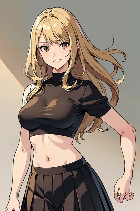 （masterpiece, high resolution, best quality, 1.2) 1girl, warm blond hair, right sidelocks, straight n long, brown round eyes, (Large, Perfect round hips) photograph realistic, medium breasts, black cropped tee, flowy, midriff, short sleeves, black skirt pl...