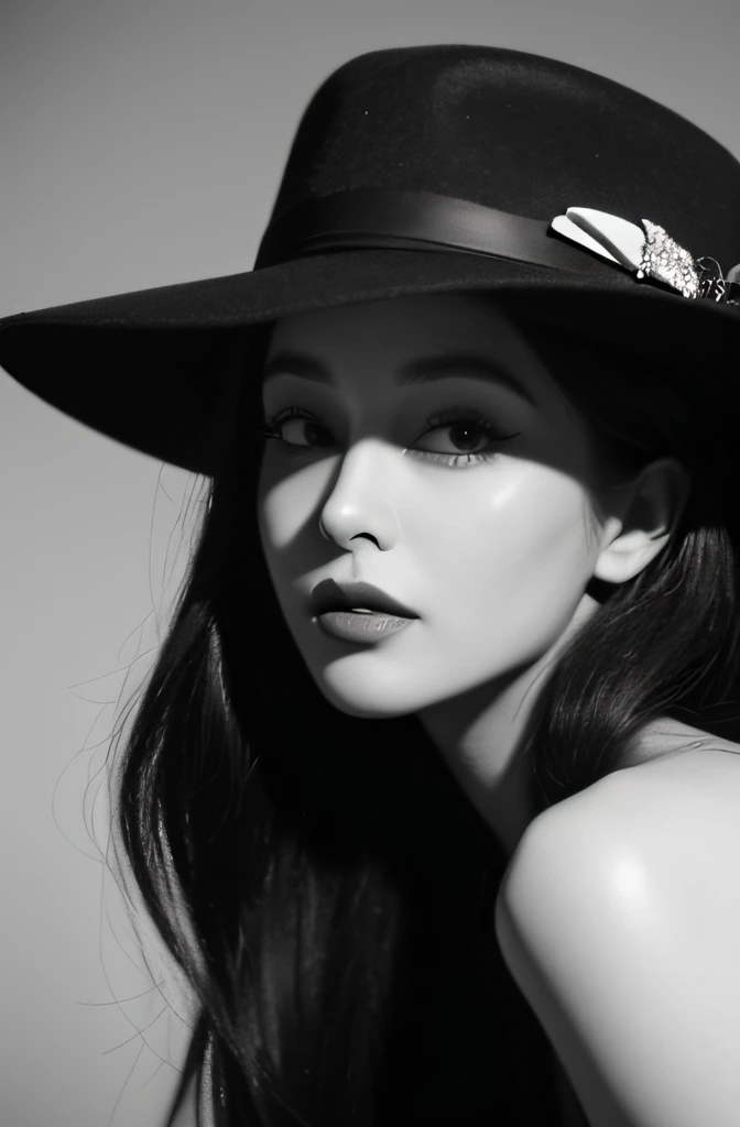 Alafid woman wearing black hat and lips in black and white photo, Inspired by George Herrell, vintage noir, Inspired by Lillian Bassman, inspired by Jerry Schatzberg, author：Clifford Ross, Inspired by Jean-Jacques Henner, film noir style, author：George Hur...