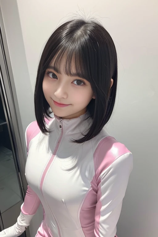 (put index finger on mouth, shiny rubber suit, stare at viewer, leaning forward, 1 girl, looking at viewer, from front, facing straight at viewer, pink and white clothes, white gloves, futuristic space suit, inside spaceship room), smile, upper body, body ...