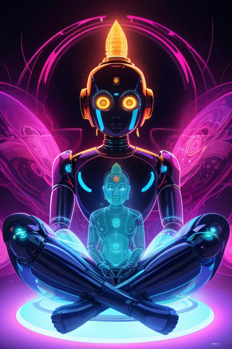 surreal art, Buddha robot, transparent body, black light, 8K, masterpiece, uhd, top quality