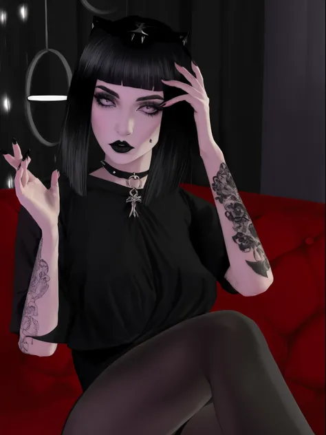 arafed woman with black hair and tattoos sitting on a red couch, gothic horror vibes, goth girl, goth vibe, mall goth, goth chic, pale goth beauty, neo goth, goth aesthetic, goth woman, goth style, goth girl aesthetic, gothic aesthetic, gothic girl, sinist...