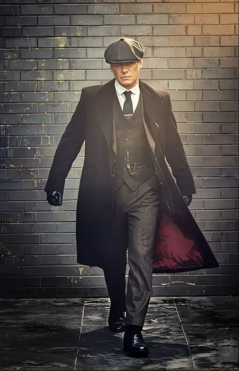 Man in suit and hat walking down a sidewalk, Figurinos de Peaky Blinders, he is wearing a black trenchcoat, he is wearing a trenchcoat, Persianas Peaky (2018), casaco de trincheira e terno, Persianas Peaky, Fotografia de Christopher Walken, vestindo sobret...