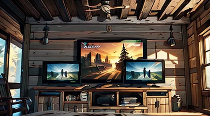 wall of different Xbox, PlayStation, and Nintendo switch games in a rustic cabin