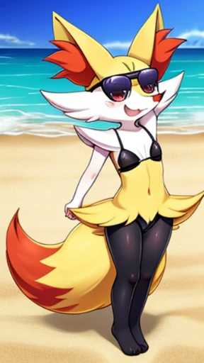 Braixen (pokemon) two-color skin, black skin, , detailed,best quality masterpiece, chibi style, beach,1girl,alone,sunglasses, smile, innocent,loli, legs open, nsfw,black legs,micro bikini, lolicon,sexy