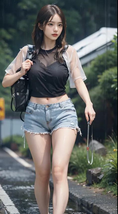 8k, top-quality, （pubic hair beauty）、hight resolution, 逼真, realperson, (((A beautiful muscular woman is carrying a large amount of luggage with special equipment on her back on a beautiful mountain road in the Alps where it is raining heavily.)))、(((I&#39;...