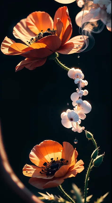 microscopic world , Masterpiece , Macro photography , cobweb, film grain, bokeh , smoke , highly detailed, Bright sunny weather, microflowers, drops, blur, realistic red poppy with black middle close-up, azure background, octane render , unreal engine