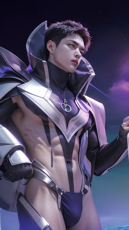 (max resolution: 1.2), (Ultra HDTV: 1.2), 8K resolution, Eye and skin details, face details, , (Sharp focus: 1.2), (Precise focus) sharp face: 1.2),handsome, (((Boy))), Standing, Short hair, Purple hair, Shirtless, Exposed pecs, Six pack abs, transparent w...