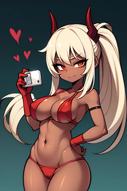 best quality, high_resolution, red-skinned demon girl, with red skin, with a lustful face has her hips on the camera, the camera can see her panties, blonde pigtails hair, brown eyes, a boob size A, sfw