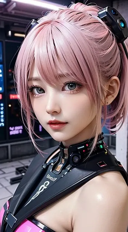 ((top-quality)), ((​masterpiece)), (high-detail:1.3), 。.。.。.。.3D, Beautiful fece (cyberpunked:1.3) Pink colored hair、Hacker woman dressed in white looking at camera、(A slight smil:0.4)