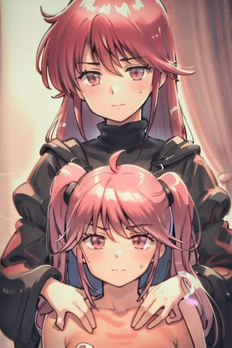 a whited haired man with ruby eyes is holding pink haired twins